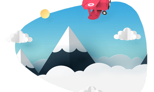 En illustration av ett rött plan som flyger över bergstoppar