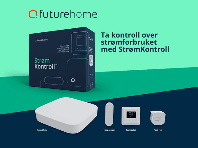 Futurehome strømstyringssystem på grønn bakgrunn og teksten Ta kontroll over strømforbruket med StrømKontroll