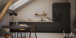 Svart EPOQ kök med beige bänkskiva.