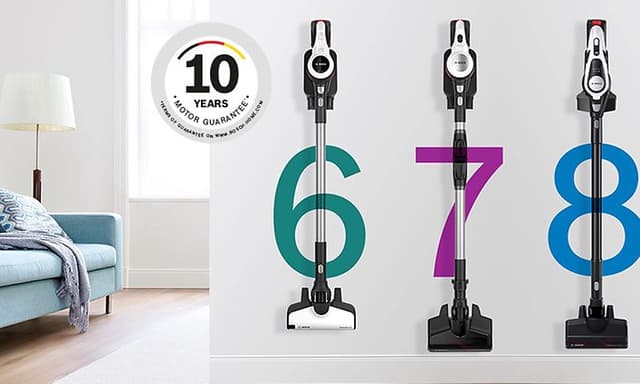 Bosch Unlimited -pölynimurit Series 6, 7 ja 8 roikkumassa seinällä Takuu-logon vieressä