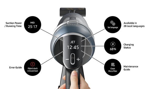Detailed picture of Samsung Jet vacuum cleaner's LCD digital display