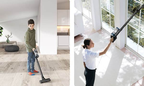 Två bilder på olika personer som städar med Samsung Jet skaftdammsugare
