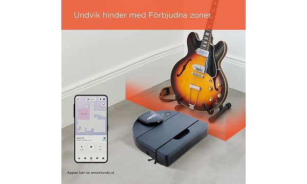 Neato robotdammsugare rengör runt en gitarr och en bild på en smartphone