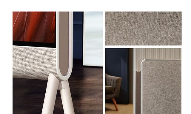 LG TV - Beigenvärinen, pehmeän tuntuisella kankaalla verhoiltu Posé-televisio