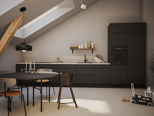 Sort Epoq-kjøkken med benkeplate i beige