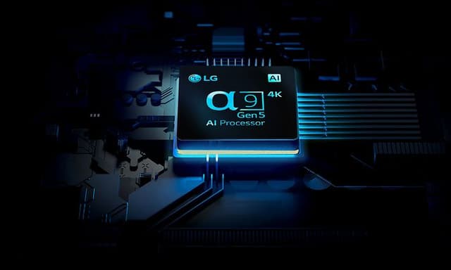 Bild av α9 Gen5 AI Processor 4K-chip upplyst av blått ljus