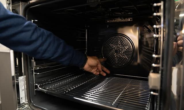 Miehen käsi koskettaa tyhjän uunin takaseinää