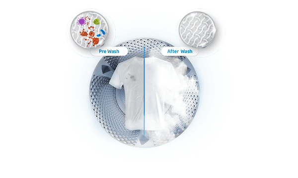 Illustration af Beko HygieneTherapy-funktion med billede af en t-shirt halvt vasket og halvt beskidt