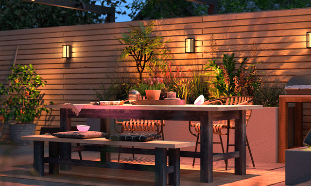 Outdoor dining area with lights