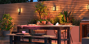 Outdoor dining area with lights
