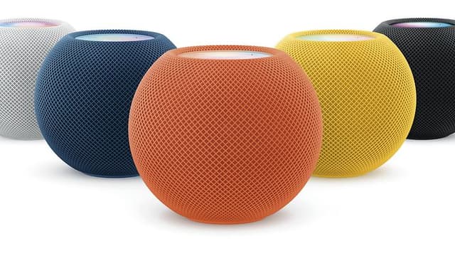 HomePod mini serien i hvit, blå, orange gul og sort