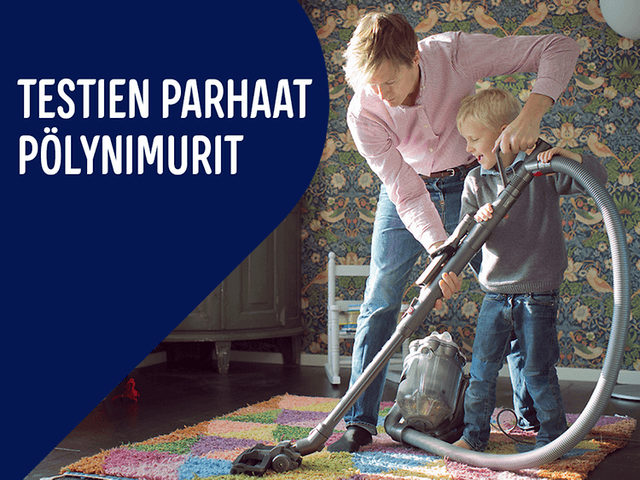 Mainoskuvassa henkilö imuroi värikasta mattoa sekä teksti; Testien parhaat pölynimurit