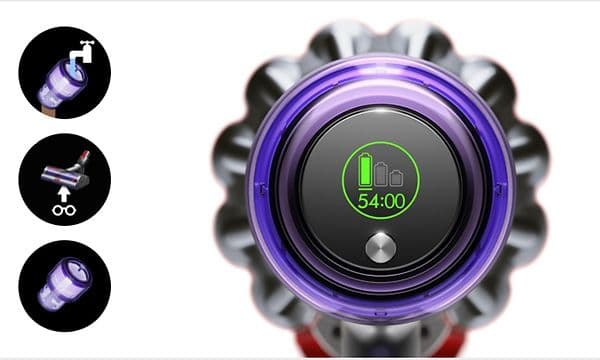 Dyson V11 Ekstra vakuum LCD-skærm, der viser tre forskellige rengøringstilstande