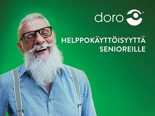 Doro - TELE - Doro-yläbanneri - Seniori mieshenkilö vihreällä taustalla sekä teksti 'Helppokäyttöisyyttä senioreille'