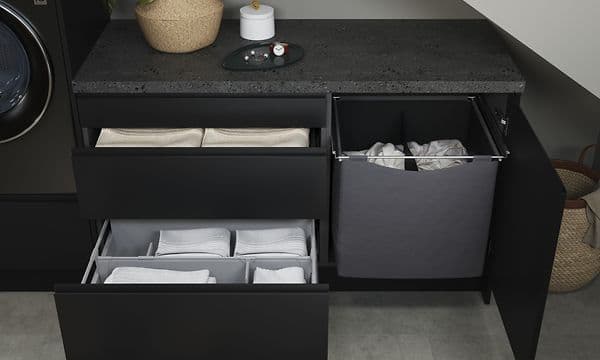 EPOQ - L5 - Laundry Room - Integra Black - Dark Grey Terrazzo Laminate Worktop - Laundry Basket - drawer dividers - Black Washing Machine