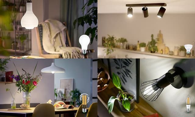 Kollaasi, jossa on LED-lamppu, perinteinen lamppu, spotti-valot ja Ultra Efficient LED -lamppu