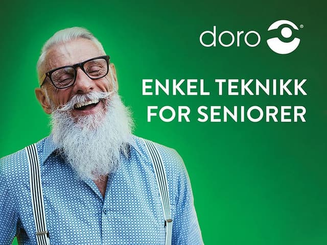 En eldre mann på grønn bakgrunn og teksten Enkel teknikk for seniorer