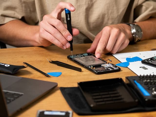 En mann med en liten iFixit-skrutrekker som fikser en smarttelefon