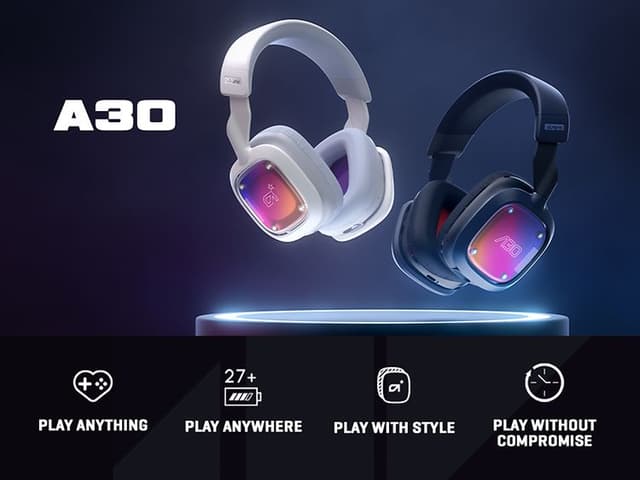 Et hvidt og sort Logitech Astro A30 trådløse headset svæver i luften