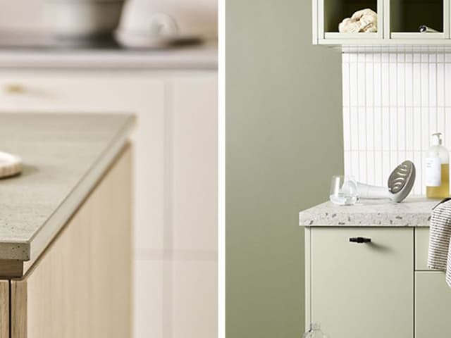 Epoch Edge Natural Oak og Trend Pistacie køkkener