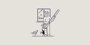 Tegning af kvinde og barn, der holder en stor lineal