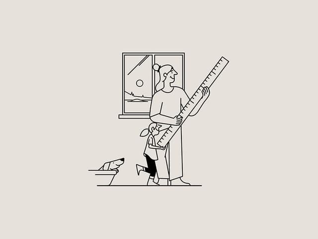 Epoq köksplannering: Teckning av kvinna och barn som håller en stor linjal