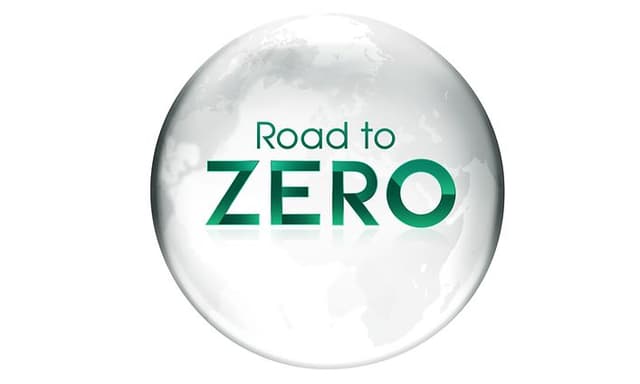 Teksten "Road to Zero" med en grå globus og bærekraftstema