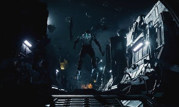 Kuvakaappaus Dead Space -pelistä ja tummasta pelihahmosta leijailemassa ilmassa