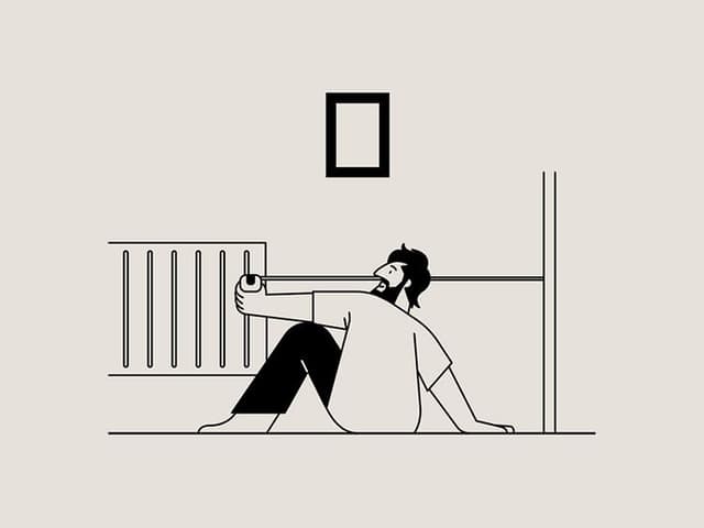 Drawing of a man sitting on the floor with a measuring tape