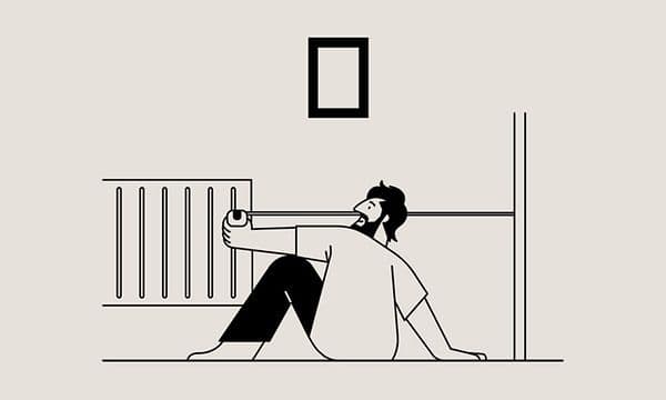 Drawing of a man sitting on the floor with a measuring tape