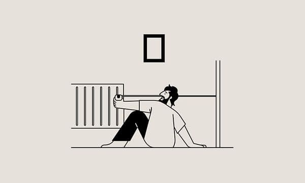 Drawing of a man sitting on the floor with a measuring tape