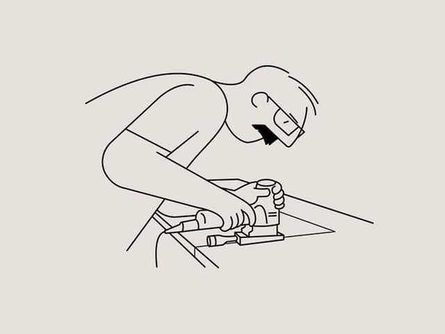 Illustration av samma man som tar mått och sågar i en bänkskiva