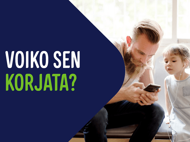 Isä ja lapsi katsovat yhdessä rikkoontunutta puhelinta, vieressä teksti "Voiko sen korjata?"