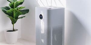 White air purifier a room next to a green plant