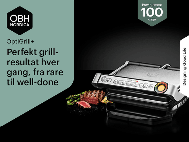 Banner med tekst og produktbillede af OBH Nordica OptiGrill