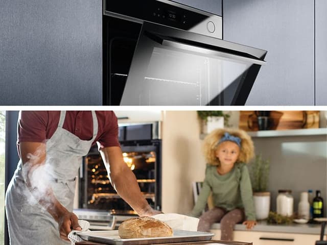 Collage med 700 SteamCrisp® Ovn og mann og et barn på kjøkkenet baker brød
