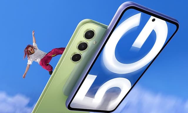 Illustration av en man som surfar på Galaxy A54 5G