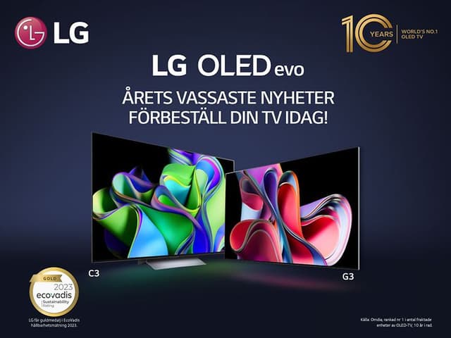 LG OLED evo-banner med Ecovadis-pris och 10 år som världens nummer 1 inom OLED-TV:s