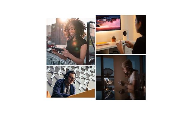Fire bilder i ett med forskjellige personer som spiller Xbox Game Pass på forskjellige enheter