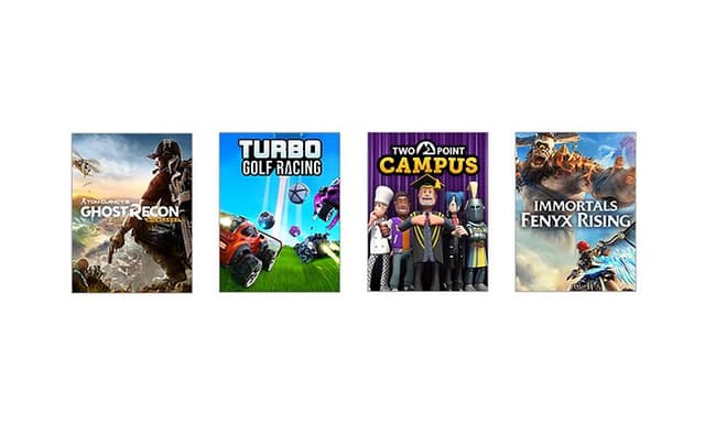 Forsiden av fire spill man får i Xbox Game Pass som Ghost Recon, Turbo Golf racing, Two point campus and Immortal Fenyx Rising