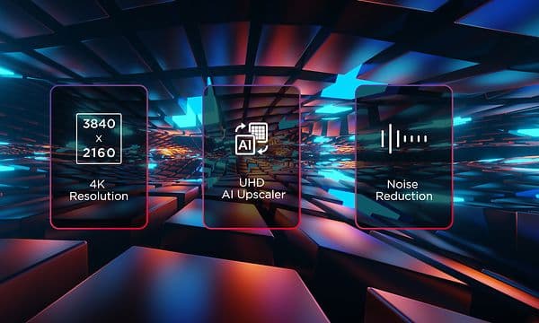 4K HDR PRO-ikoner, der viser fordele ved 4K HDR såsom 4K-opløsning, UHD AI-opskalering og støjreduktion