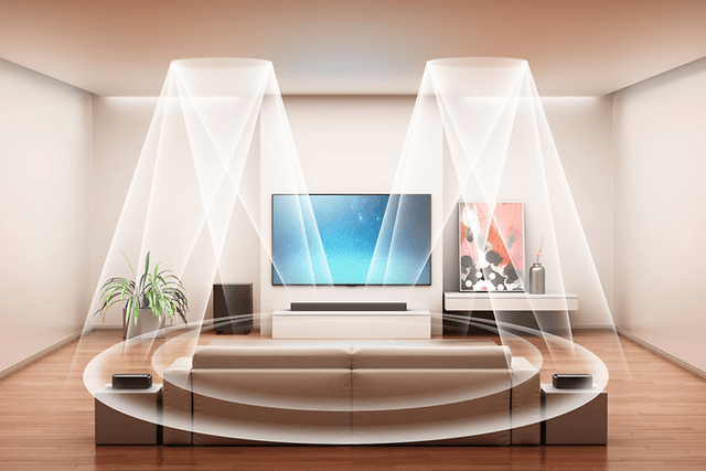 Soundbar under et TV i en stue med retninger af lyd illustreret i hvid