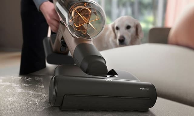 Støvsuging med Electrolus trådløs støvsuger og hund i bakgrunnen