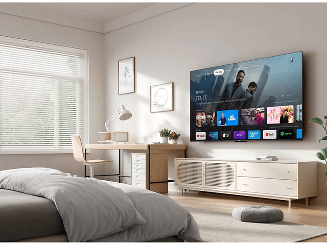 TCL 50 P631 4K Smart TV hængende på bagvæggen af en stue