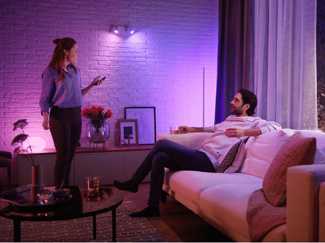Purple Philips Hue lighting in living room