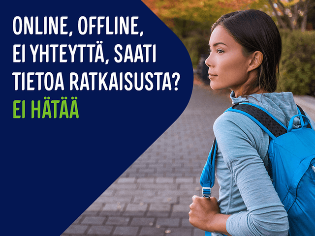 Mainoskuva, jossa tietoa Gigantin tietokonepalveluista ja kuva reppu selässä kävelevästä naisesta