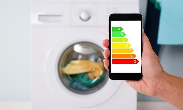 Phone with energy labels in front of washing machine