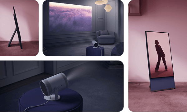 Samsung Lifestyle TV bildecollage med The Freestyle smart projektor og The Sero i forskjellige vinkler