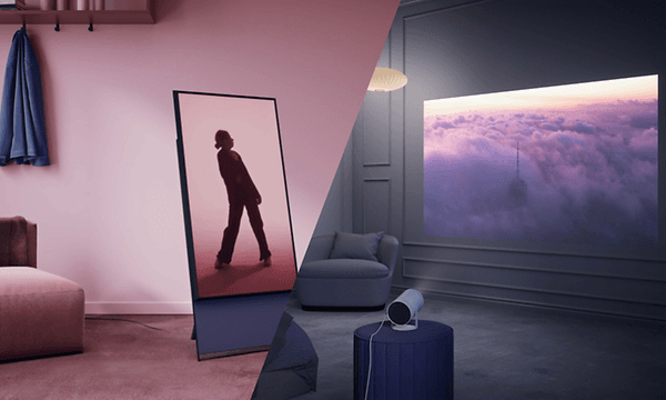 Samsung The Sero i et rosa rom og laserprojektoren The Premiere i et mørkt hvitt rom