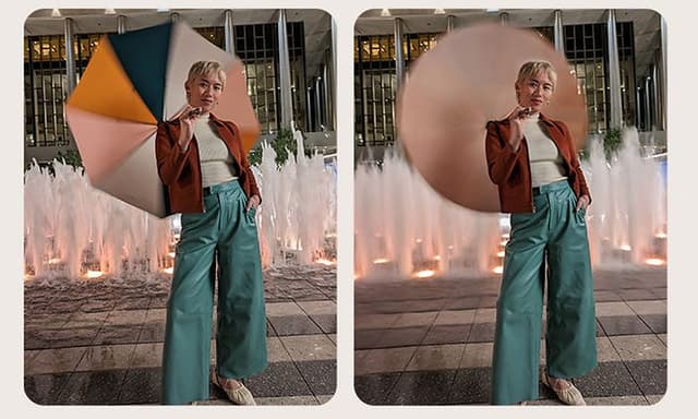 Two images of a woman with an umbrella showing how long exposure time creates an artistic blur